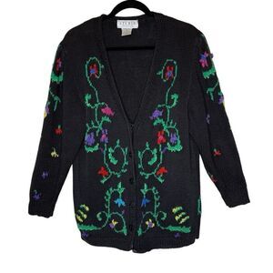 Vintage Studio Michelle Stuart Black Floral Intarsia Knit Cardigan Sweater Sz M